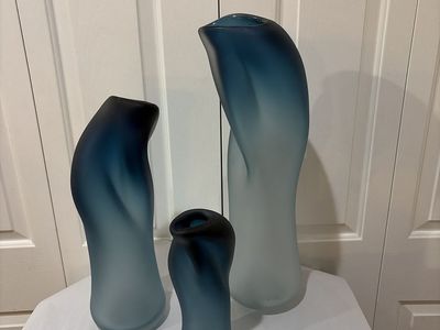 Set of 3 Huge Frosted Blue Glass Vases - Modern Decorative Home Decor Art Pieces(Super High End)