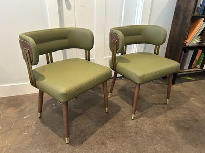 New Set of 2 Olive Green Leather Dining Chairs Walnut