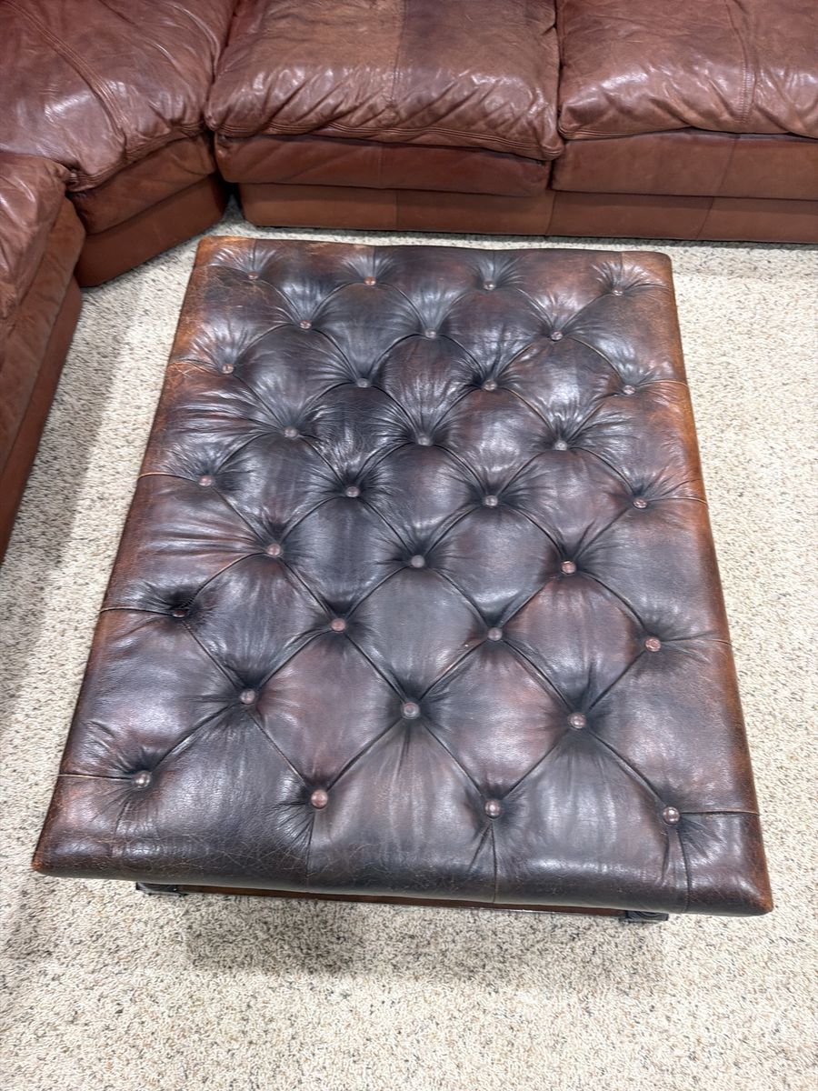 Tufted Leather Ottoman/Coffee Table - Dark Brown, 42"x33" - Good Condition