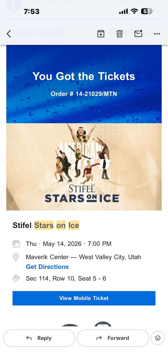 Stifel Stars on Ice Tickets - Maverik Center, West Valley City, Utah - May 14, 2026 - Sec 114, Row 10, Seat 5-6