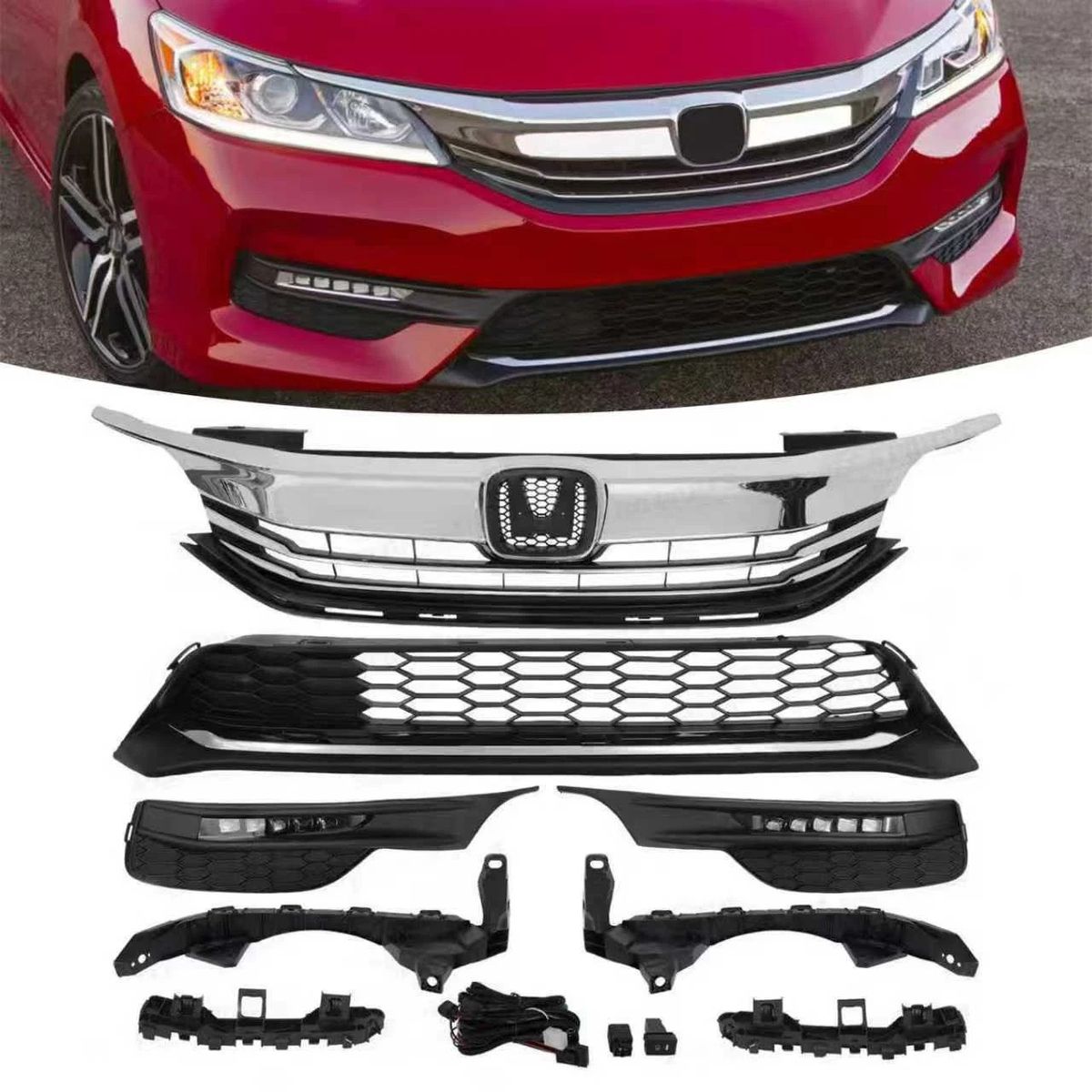 2016-2017 Honda Accord Sedan Front Bumper Grille LED Fog Light Bracket Set Bundle (missing right fog light)