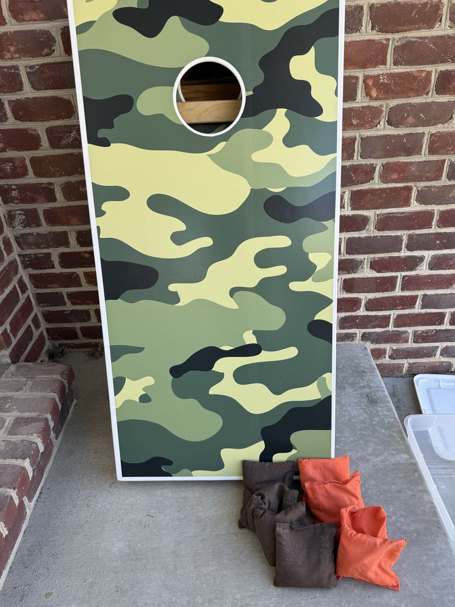 Camo Cornhole Board Set with Orange and Brown Bags