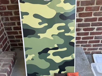 Camo Cornhole Board Set with Orange and Brown Bags