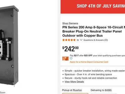 Siemens PN Series 200 Amp 8-Space 16-Circuit Main Breaker Plug-On Neutral OUTDOOR 3R Nema PNW0816B1200TC $260 @ HD Copper Bus