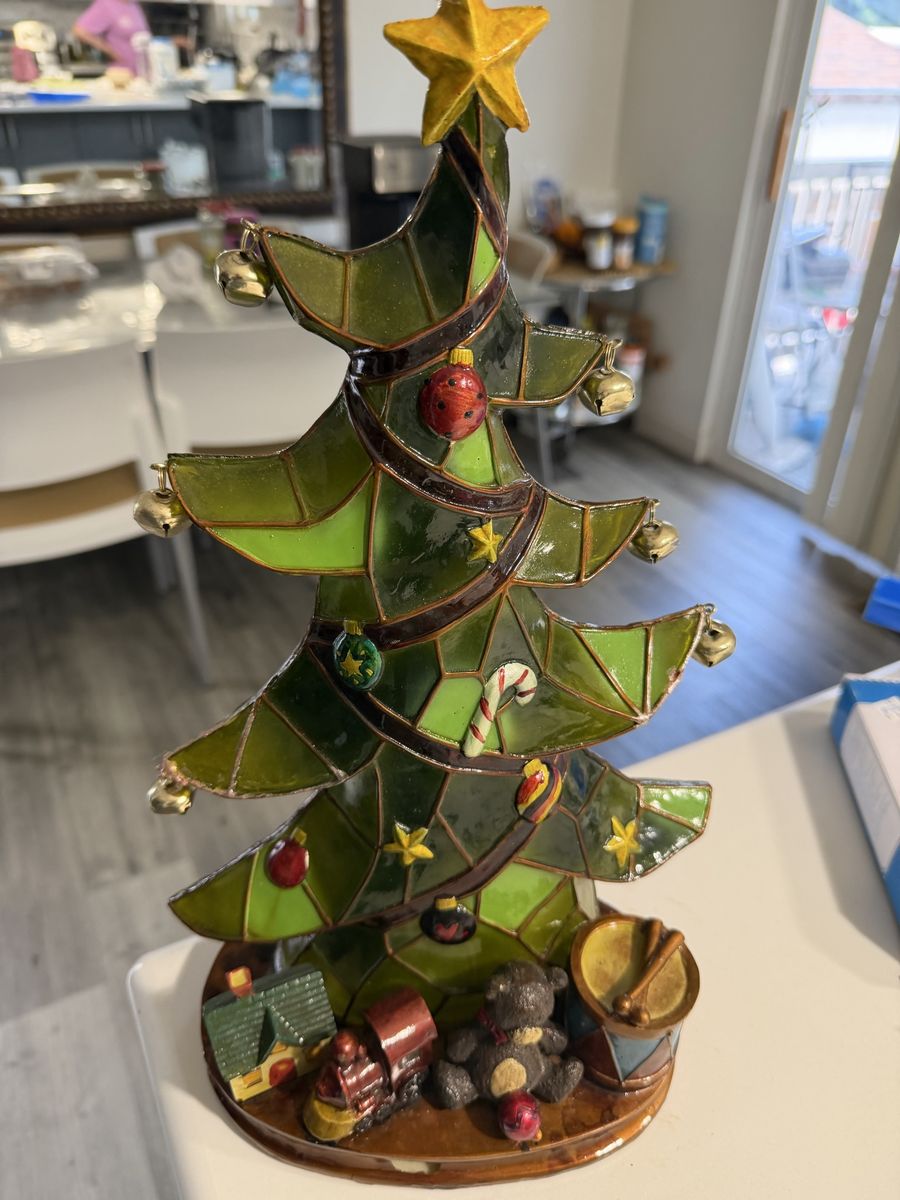 Stained Glass Style Christmas Tree Tabletop Decor with Toys and Ornaments