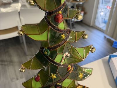 Stained Glass Style Christmas Tree Tabletop Decor with Toys and Ornaments