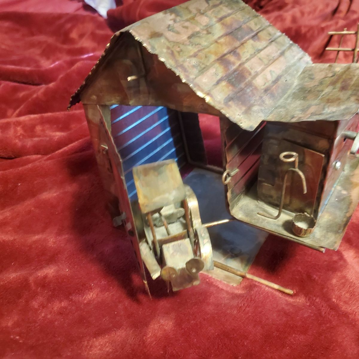Vintage Musical Handcrafted Metal Barn and Carriage Figurine Decor