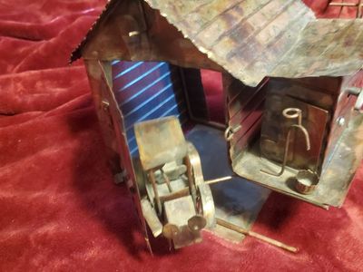 Vintage Musical Handcrafted Metal Barn and Carriage Figurine Decor