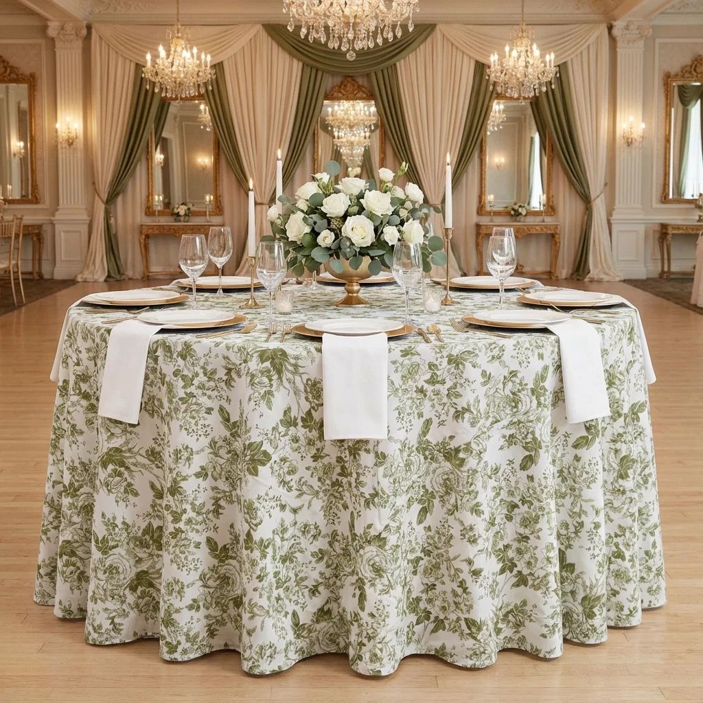 8 French Toile 132" Round Tablecloths - Olive Green