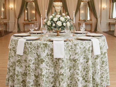 8 French Toile 132" Round Tablecloths - Olive Green