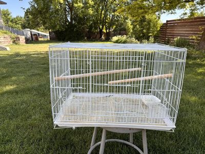 White Wire Bird Breeding Cage with Perches and Feeder and black cage