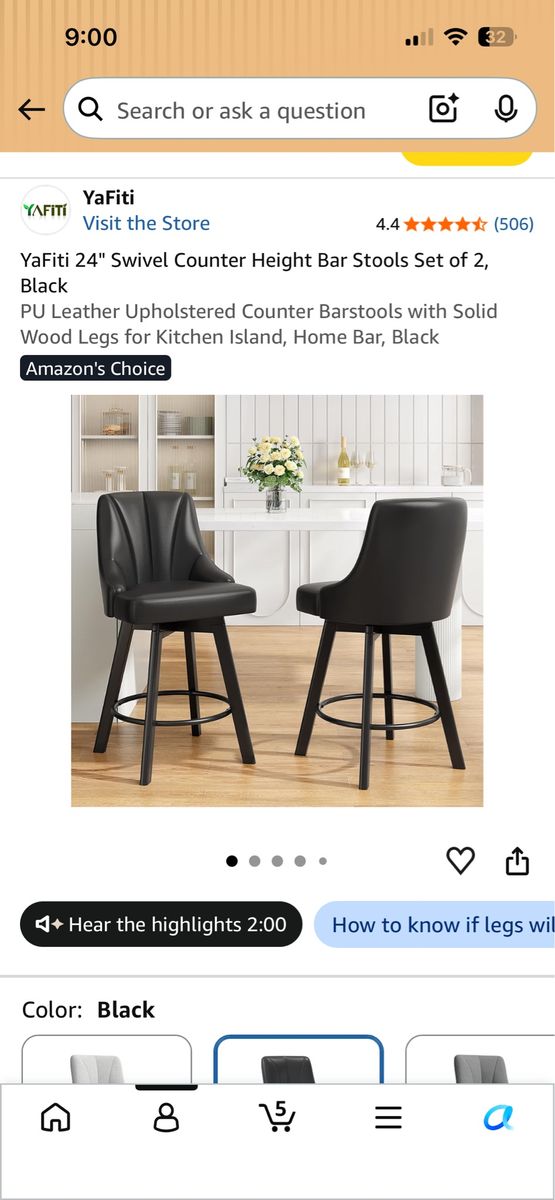 YaFiti 24" Swivel Counter Height Bar Stools Set of 2 Black PU Leather
