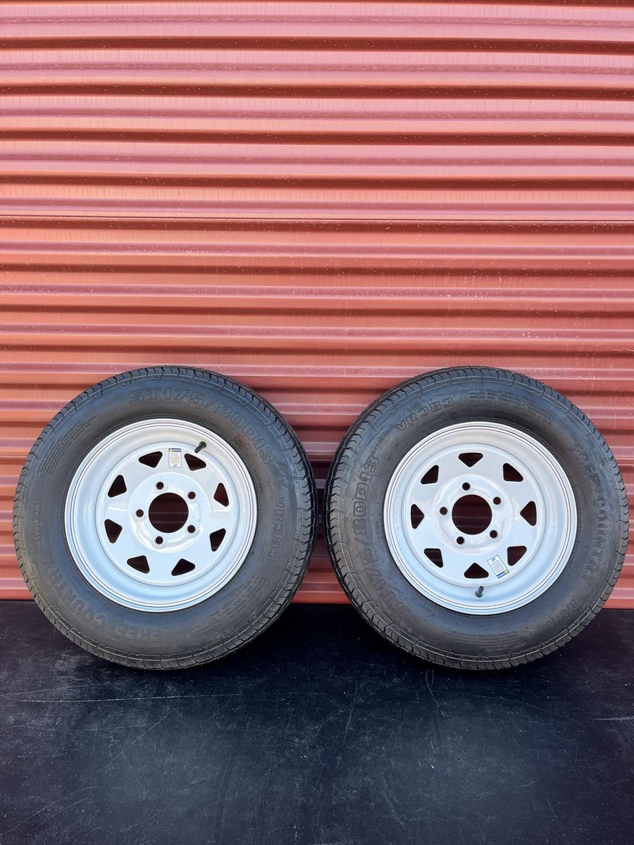 Set of 2 Free Country ST 175/80 D 13         Trailer Tires Mounted on New White Spoke Wheels 5 on 4.5 Brand New