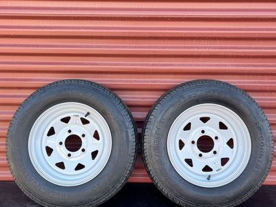 Set of 2 Free Country ST 175/80 D 13 Trailer Tires Mounted on New White Spoke Wheels 5 on 4.5 Brand New