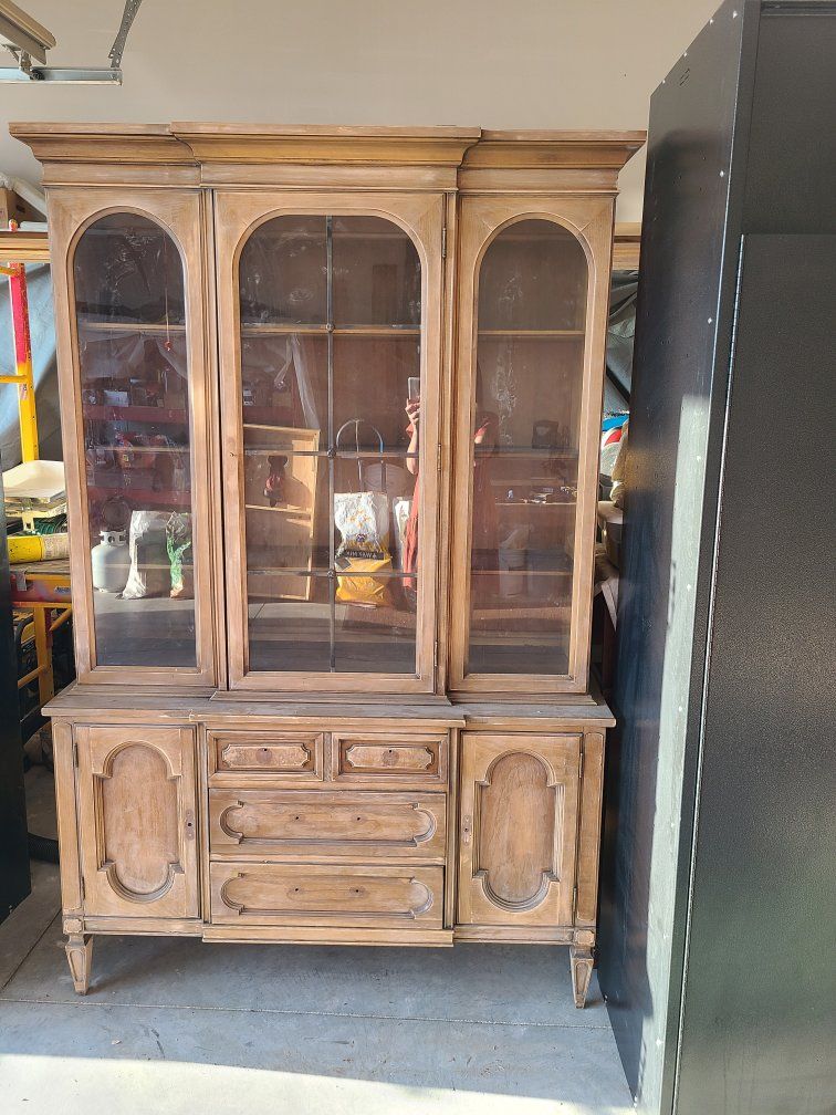 Large Wooden Hutch with Glass Doors - Great for Dining or Living Room Storage lightly sanded. ready for paint. original handles