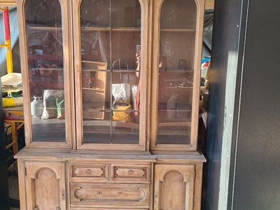Large Wooden Hutch with Glass Doors - Great for Dining or Living Room Storage lightly sanded. ready for paint. original handles