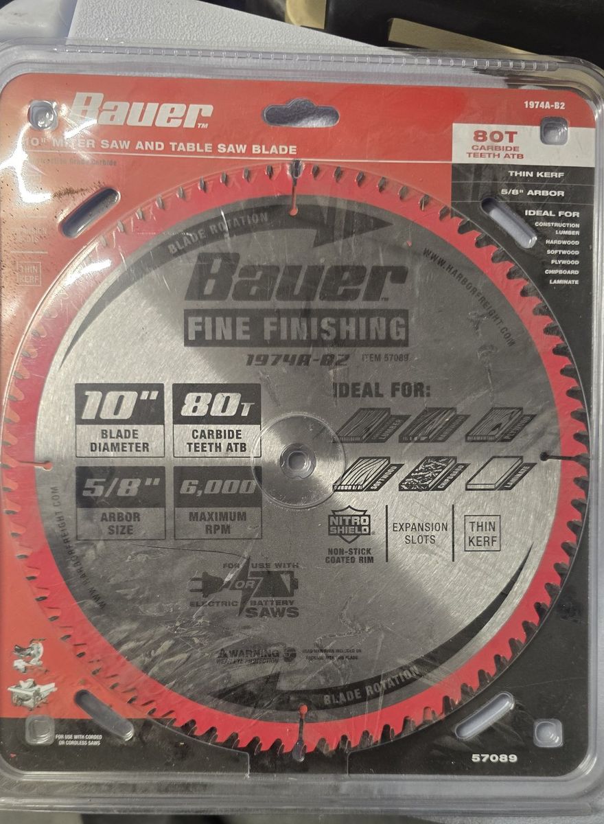 Bauer 10" 80T Fine Finishing Miter & Table Saw Blade - Carbide Tipped, Non-Stick Coating