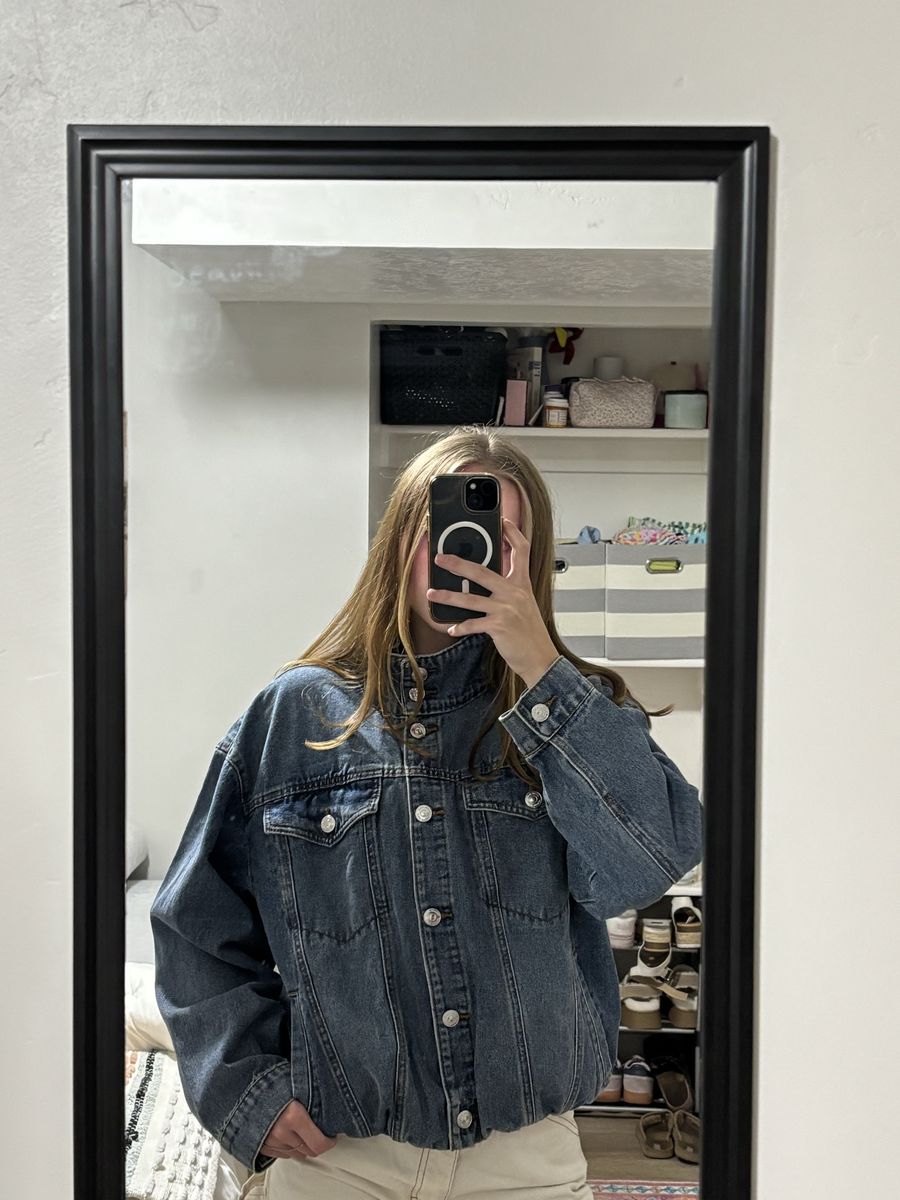 Original Price $129. Steve Madden Women's Oversized High Neck Denim Jacket - Medium