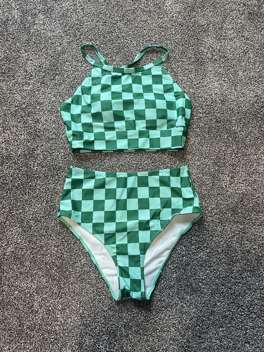 Green Checkerboard Two-Piece High-Waisted Swimsuit Set - Size Medium