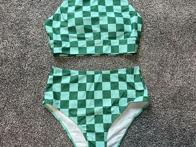 Green Checkerboard Two-Piece High-Waisted Swimsuit Set - Size Medium