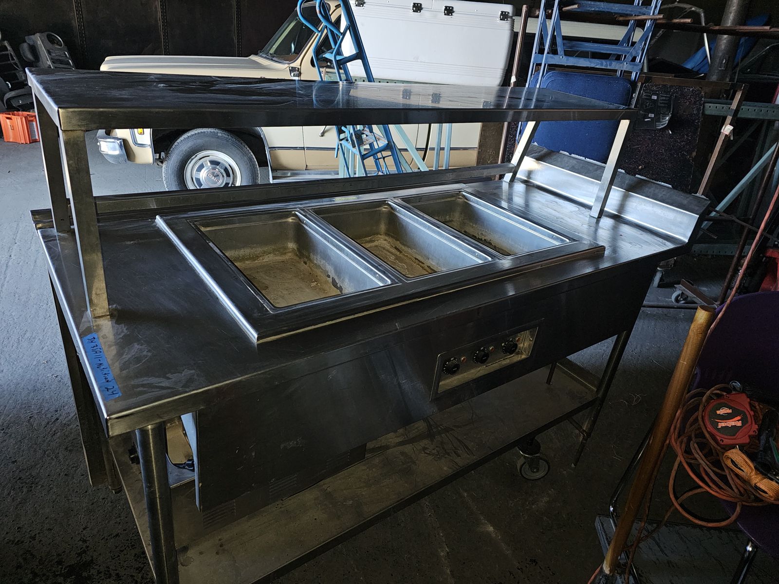 3 Well Steam Table with Upper Shelf and Tray Shelf
