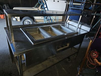 3 Well Steam Table with Upper Shelf and Tray Shelf
