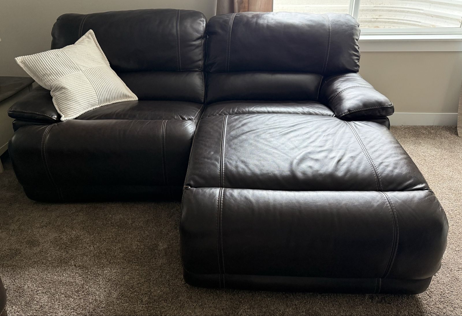 Dark Brown Leather Reclining Sofa with Chaise and Matching Recliner - Excellent Condition
