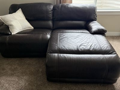 Dark Brown Leather Reclining Sofa with Chaise and Matching Recliner - Excellent Condition