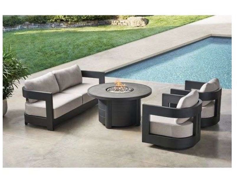 Members Mark Palmero 4-Piece Outdoor Seating Set w/ Fire Table, Cast Silver Cushions, Dark Gray Frame