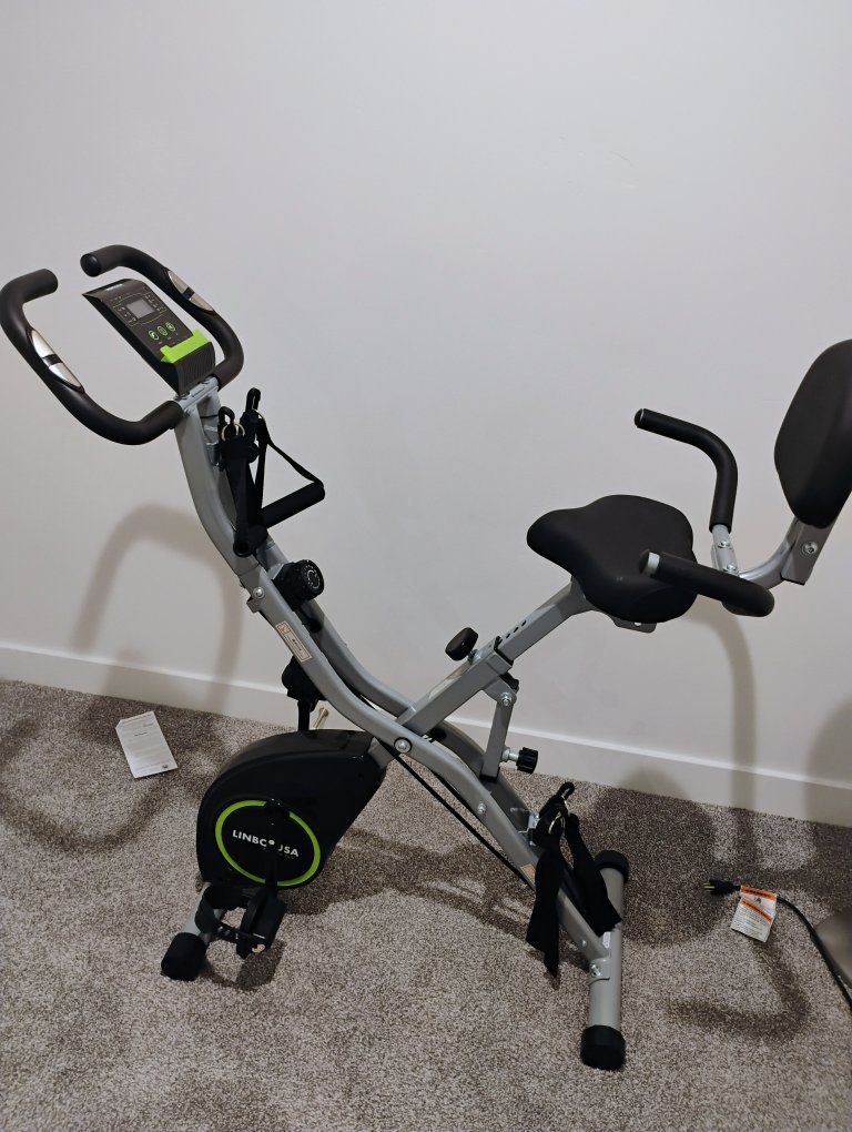 LINBC J5A Folding Exercise Bike with Resistance Bands - Compact Stationary Bike