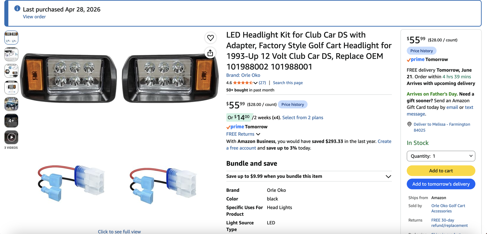 LED Headlight Kit for Club Car DS (1993-Up) - Factory Style Golf Cart Headlights with Adapter