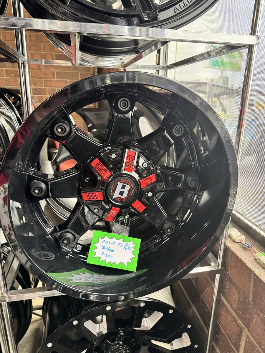 Brand new set of 4 Wheels BALLISTIC 20x12 LUG PATTERN 8/170 Black/Red