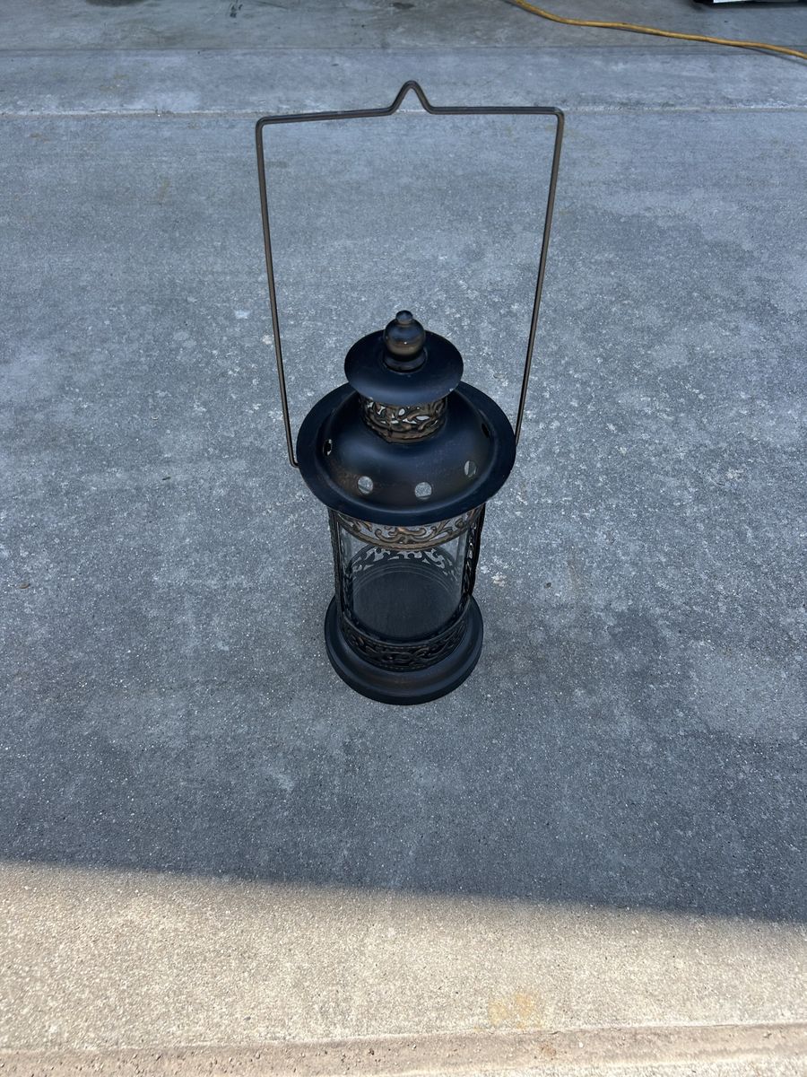 Decorative Black Metal Hanging Candle Lantern with Glass Hurricane Chimney