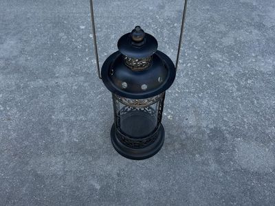 Decorative Black Metal Hanging Candle Lantern with Glass Hurricane Chimney