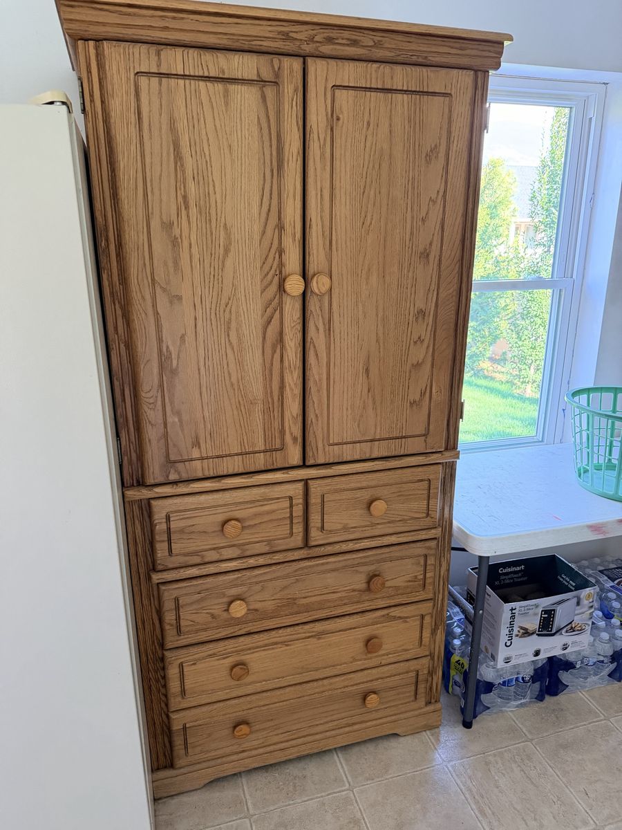 Solid Oak Armoire Dresser Combo with Storage Cabinet & Drawers