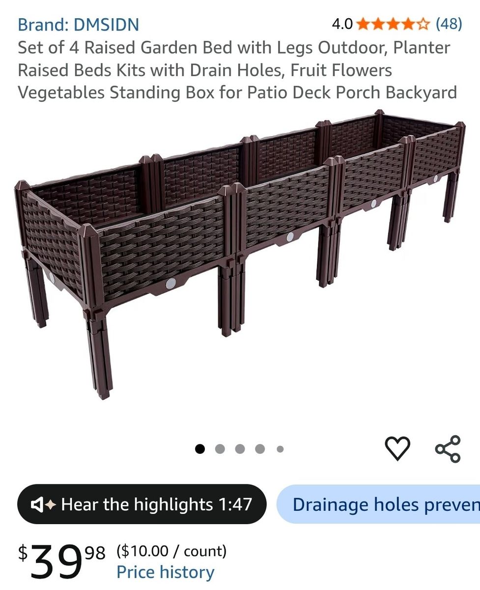 New DMSIDN 4-Piece Elevated Garden Bed Rattan Style Plastic Planter Box Brown
