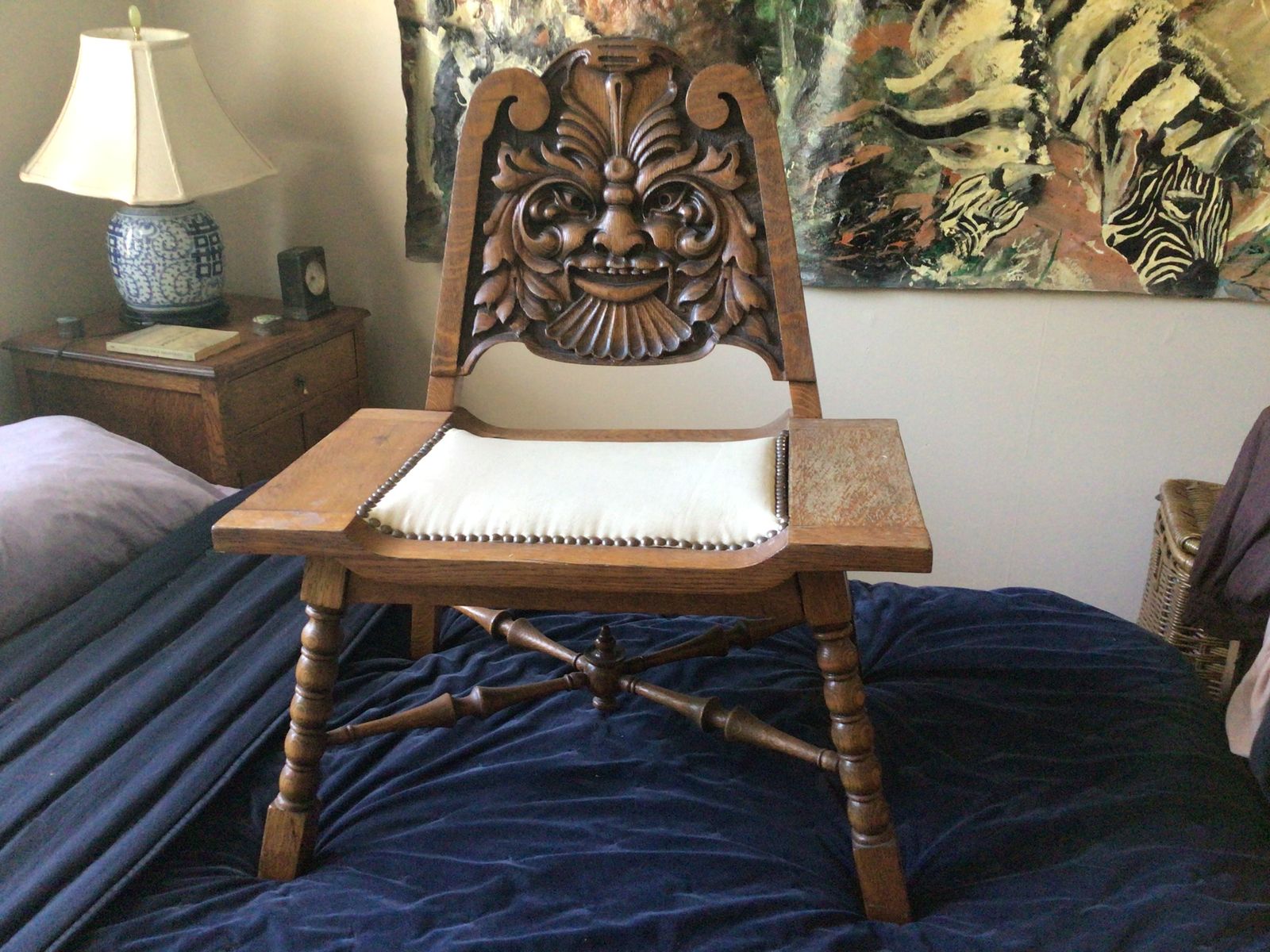 Vintage Hand-Carved Wood Savonarola Chair with Grotesque Face Motif & Upholstered Seat