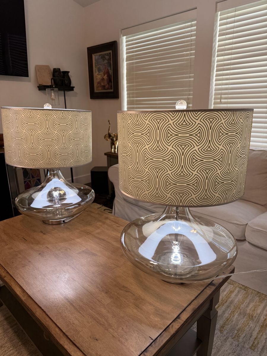 Pair of Modern Glass Table Lamps with Patterned Drum Shades 26 inches tall