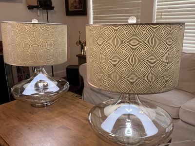 Pair of Modern Glass Table Lamps with Patterned Drum Shades 26 inches tall