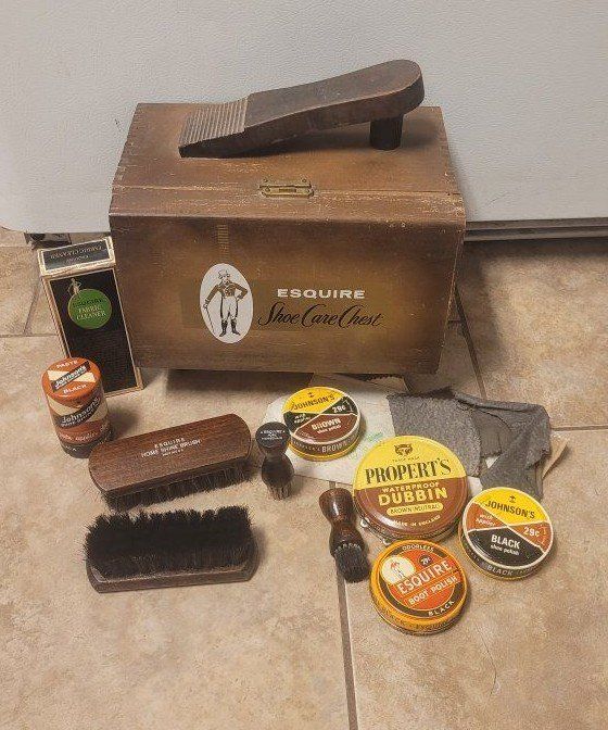 Vintage Esquire Shoe Care Chest Wooden Box with Polishes & Brushes Shoe Shine Kit