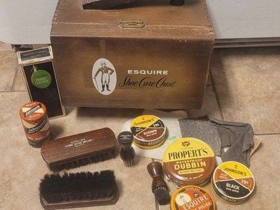 Vintage Esquire Shoe Care Chest Wooden Box with Polishes & Brushes Shoe Shine Kit