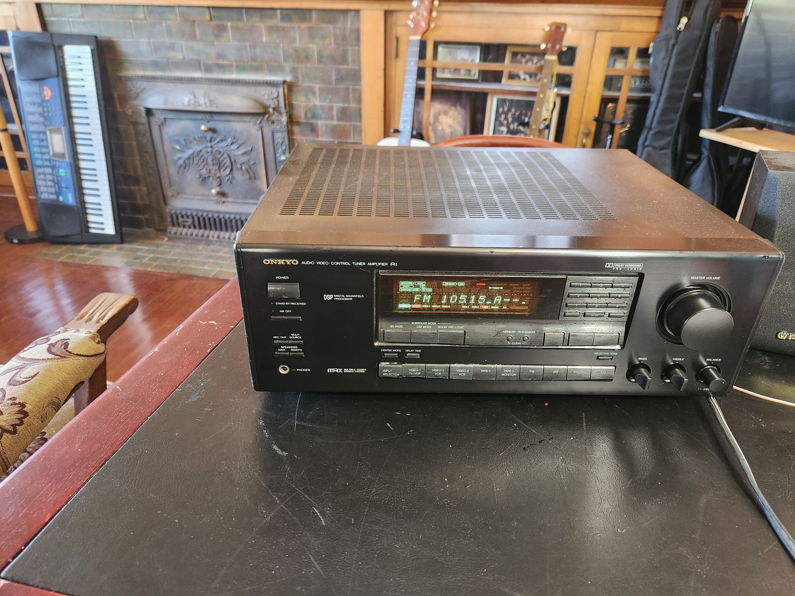 Onkyo receiver TX-SV-525,  works great, very loud and clean. 7.1 Surround Sound.