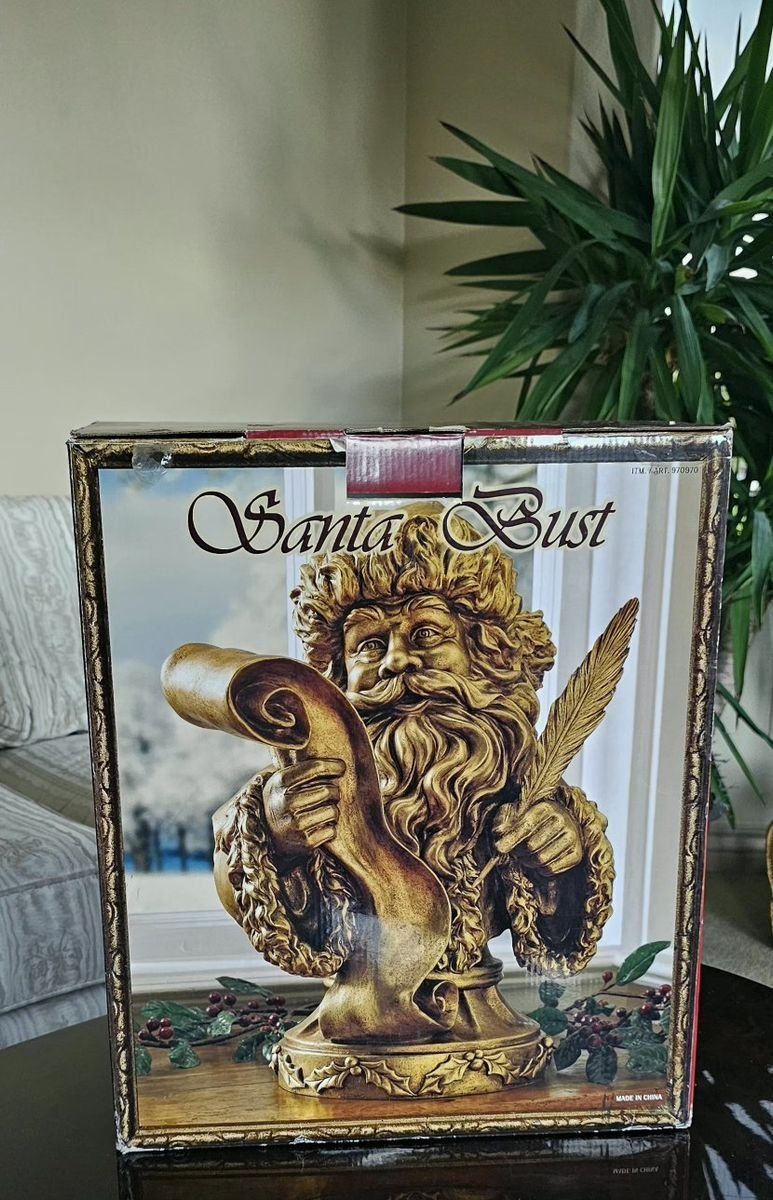 Vintage Gold Finish Santa Claus Bust Holding Scroll and Quill with Original Box 17"×13"