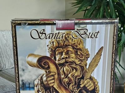 Vintage Gold Finish Santa Claus Bust Holding Scroll and Quill with Original Box 17"×13"