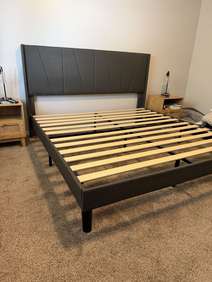 King-Size Upholstered Platform Bed Frame – Tall Headboard