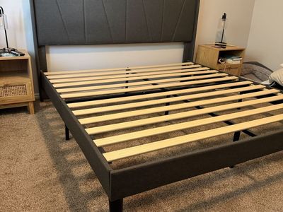 King-Size Upholstered Platform Bed Frame – Tall Headboard