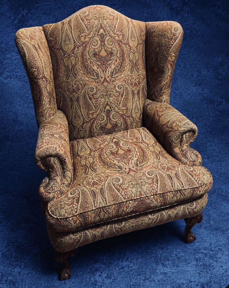 Upholstered Paisley Wingback Armchair with High Back and Wooden Legs
