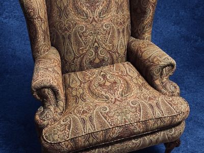 Upholstered Paisley Wingback Armchair with High Back and Wooden Legs