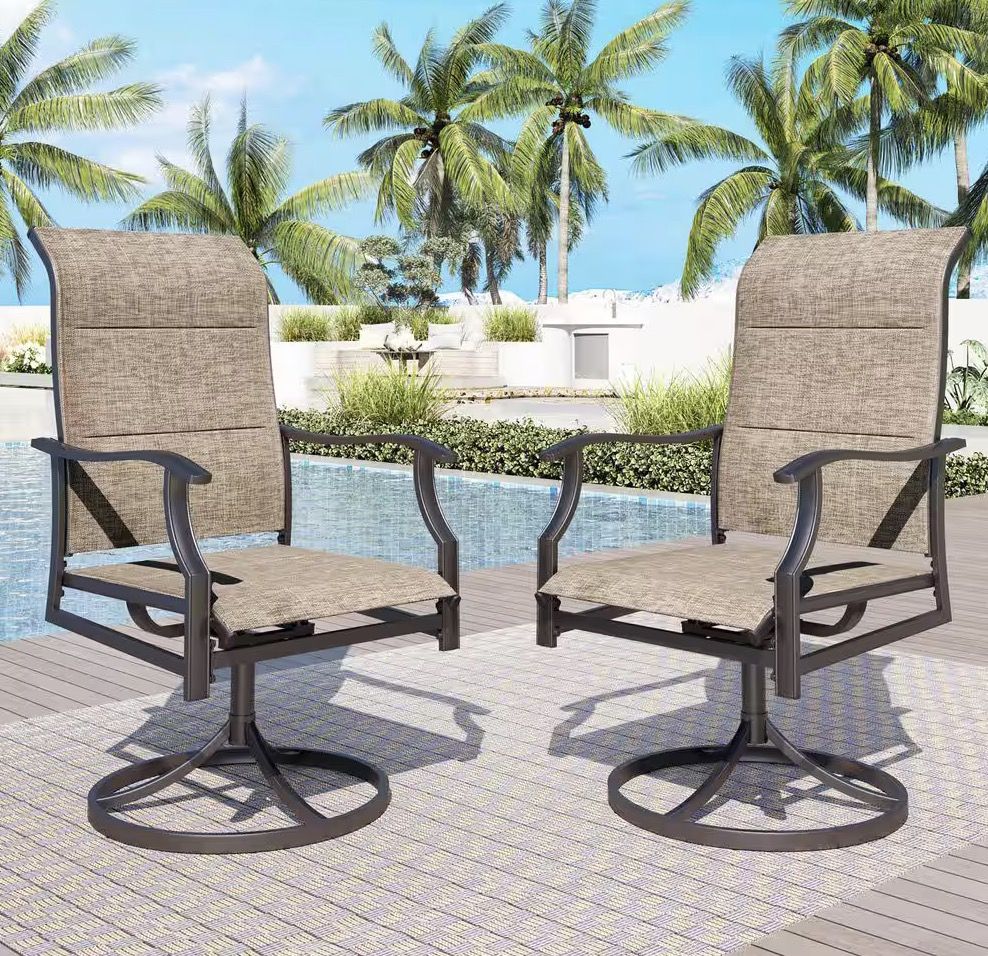NEW Black Swivel Padded Textilene Metal Outdoor Dining Chair with Wave Arms (2-Pack)