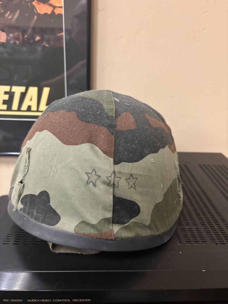 Vintage Military Camouflage Helmet with Cover and Ammo Can Box Set